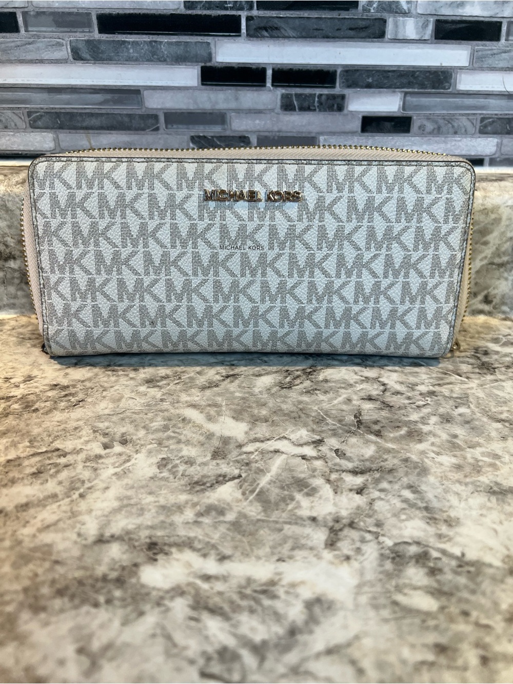 Michael Kors Beige MK Logo Zip Wallet with Gold Hardware